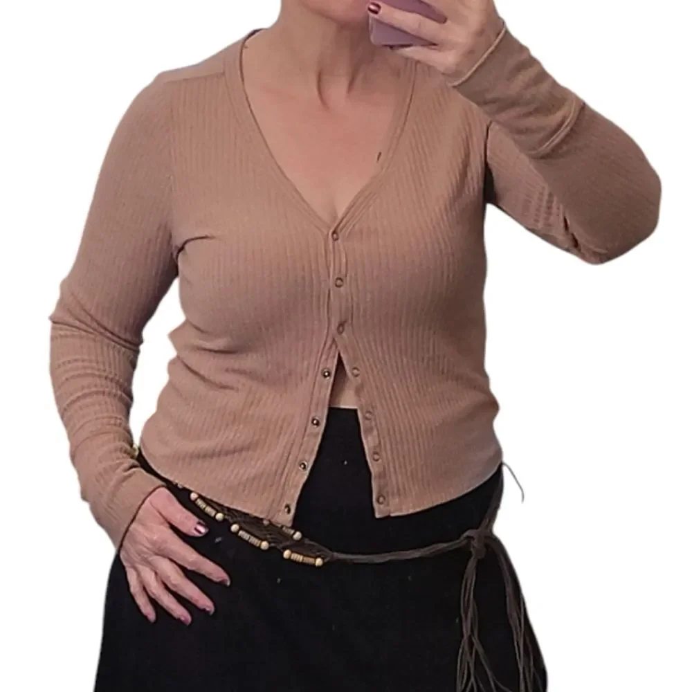 Abercrombie & Fitch Tan Ribbed Button Down Front Fitted Viscose Cardigan‎ Large